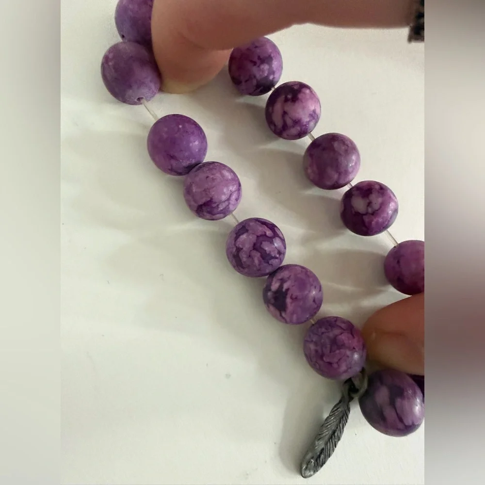 Purple Beaded Bracelet with Feather Charm